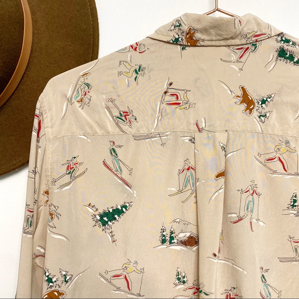 vintage | evan piccone skiing skating winter fun print silk blouse m - Picture 9 of 12